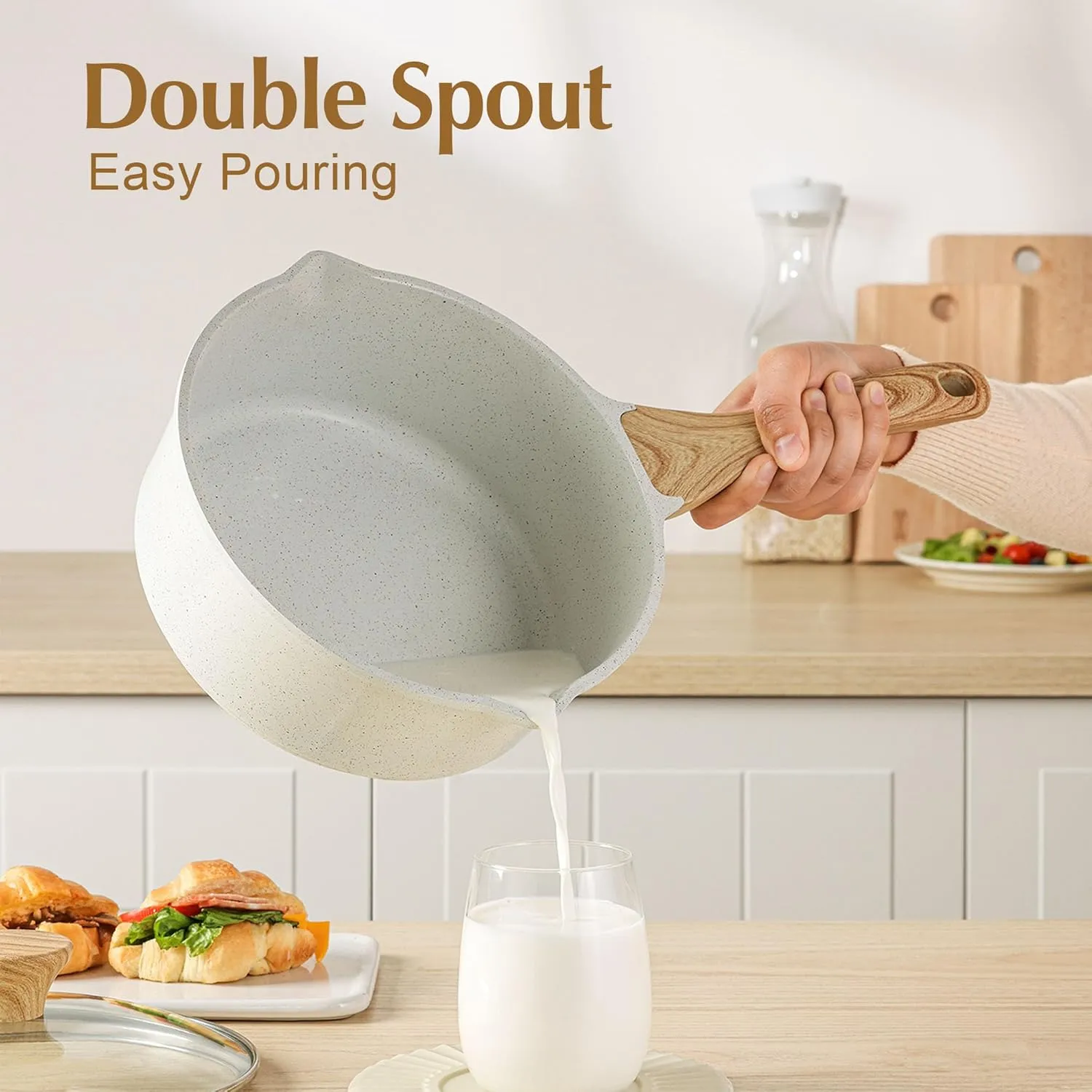 SENSARTE White Ceramic Nonstick Saucepan with Double Spout 3.0 Quarts, Medium Cooking Pot with Stay Cool Handle, Induction Compatible Saucepot with Lid, White Granite Coating, PFOA/PFAS Free
