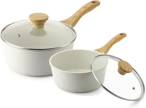 SENSARTE White Ceramic Nonstick Saucepan with Lid Set, Small Cooking Pot with Stay Cool Handle, Induction Compatible Saucepot, White Granite Coating, PFOA/PFAS Free, 1.5   2.5QT