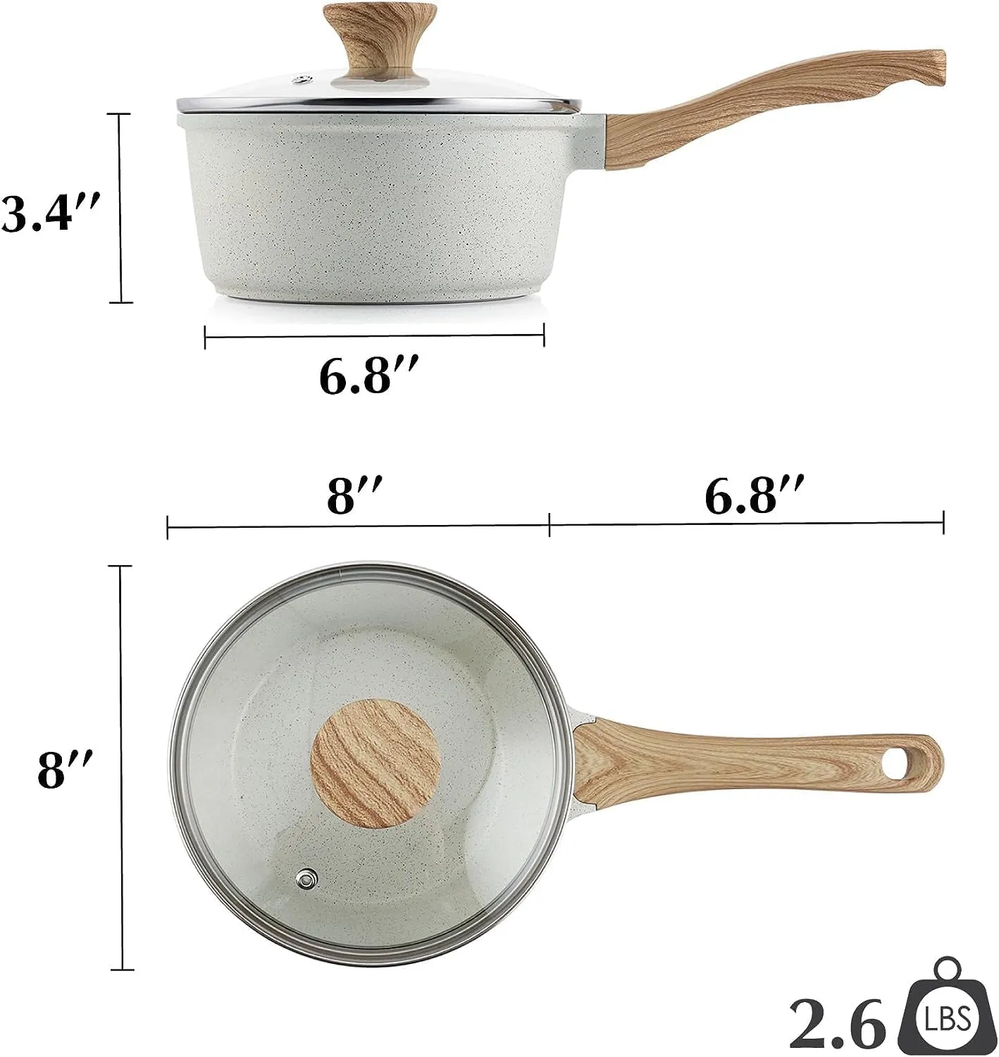 SENSARTE White Ceramic Nonstick Saucepan with Lid Set, Small Cooking Pot with Stay Cool Handle, Induction Compatible Saucepot, White Granite Coating, PFOA/PFAS Free, 1.5   2.5QT
