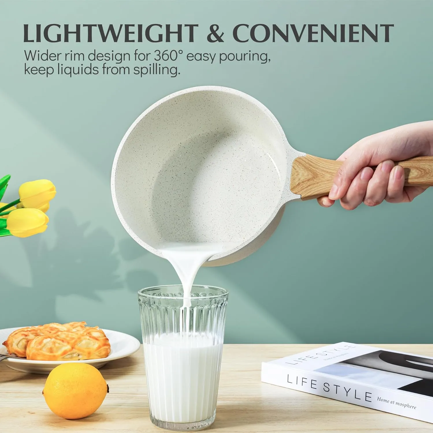 SENSARTE White Ceramic Nonstick Saucepan with Lid Set, Small Cooking Pot with Stay Cool Handle, Induction Compatible Saucepot, White Granite Coating, PFOA/PFAS Free, 1.5   2.5QT