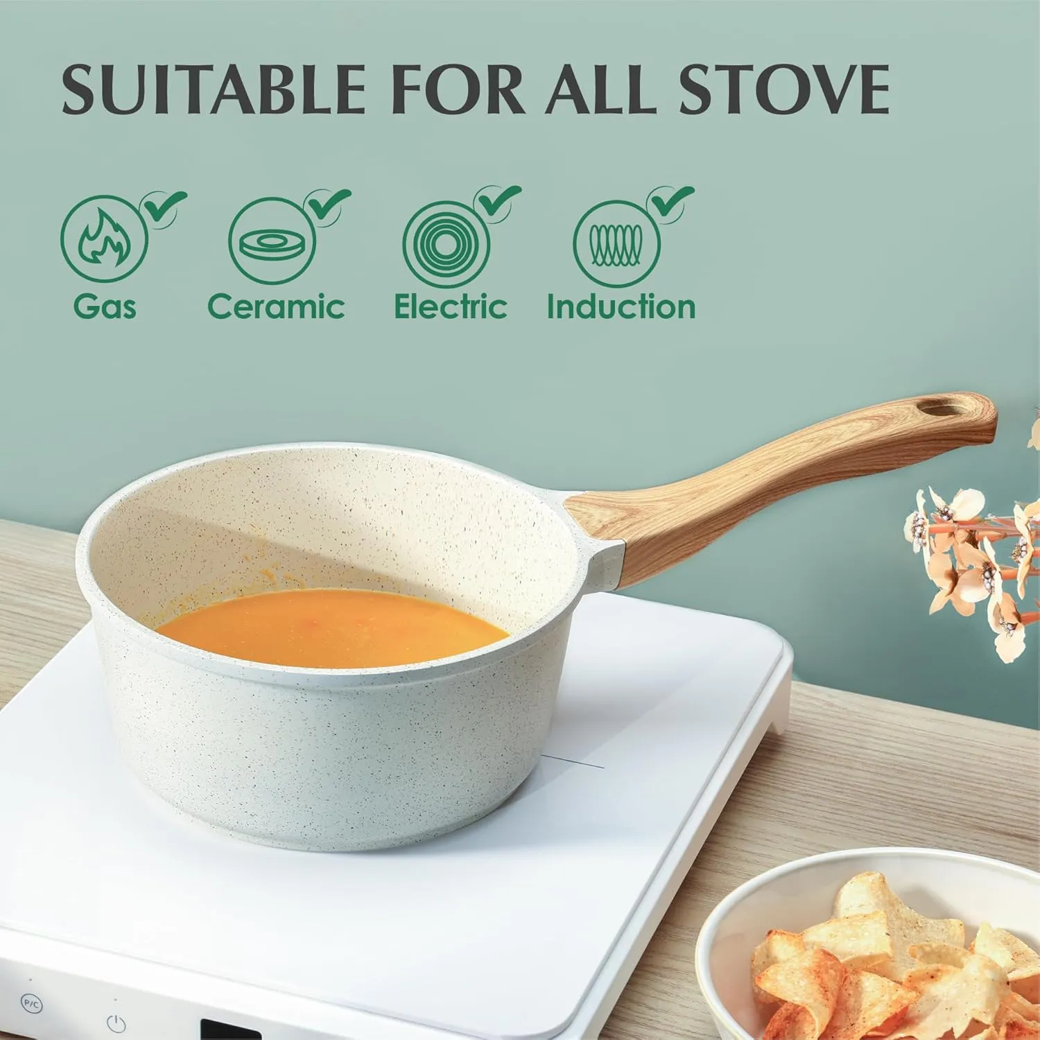SENSARTE White Ceramic Nonstick Saucepan with Lid Set, Small Cooking Pot with Stay Cool Handle, Induction Compatible Saucepot, White Granite Coating, PFOA/PFAS Free, 1.5   2.5QT