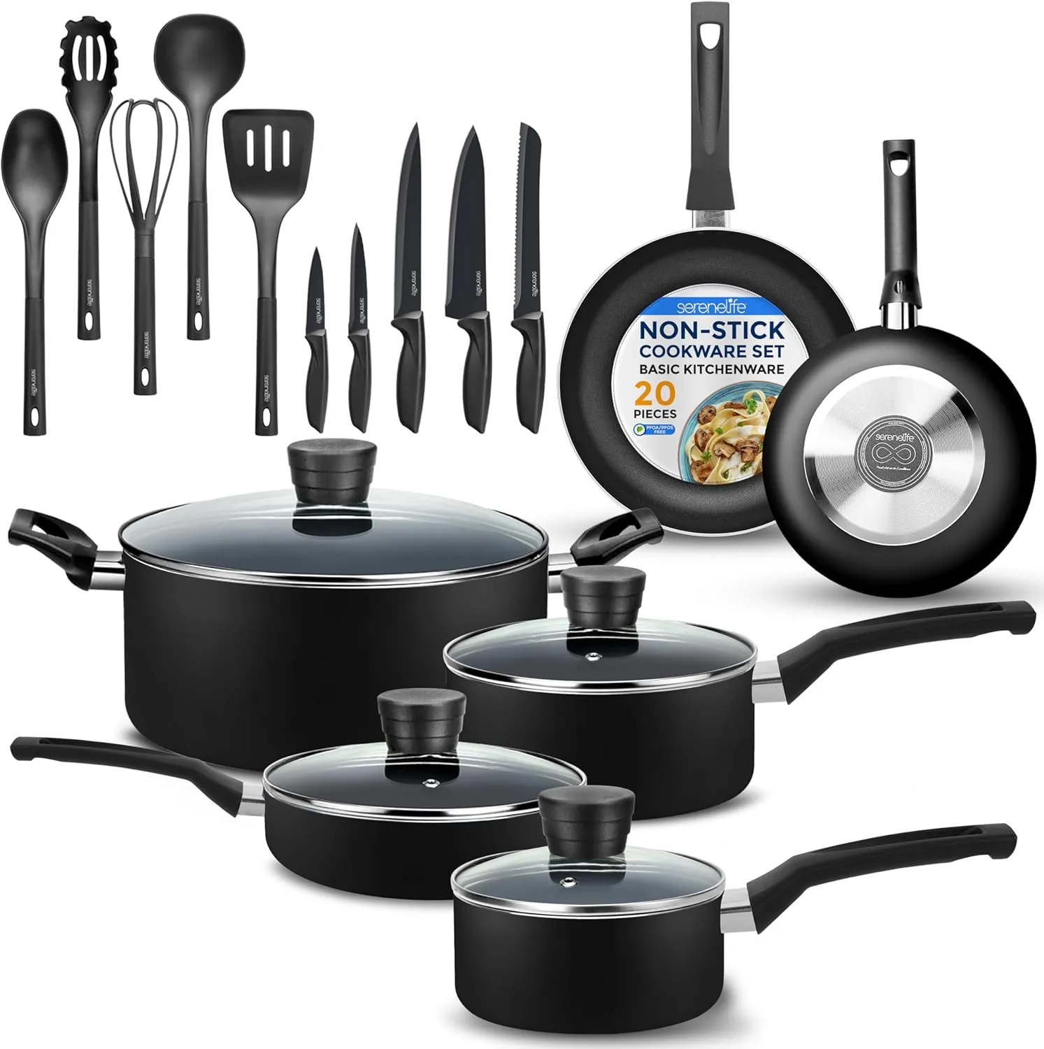 SereneLife Kitchenware Pots & Pans Basic Kitchen Cookware, Black Non-Stick Coating Inside, Heat Resistant Lacquer (20-Piece Set), One Size