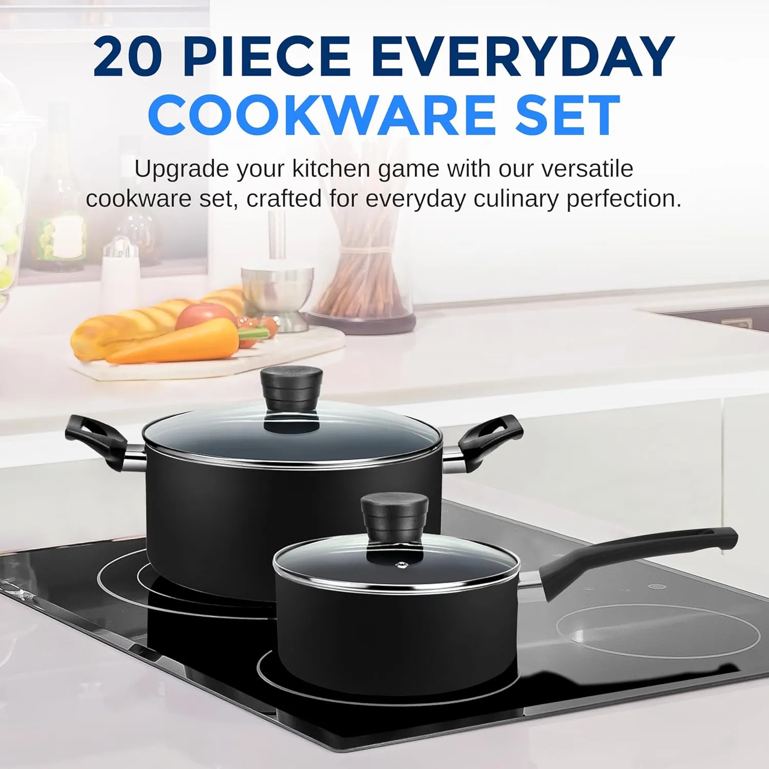 SereneLife Kitchenware Pots & Pans Basic Kitchen Cookware, Black Non-Stick Coating Inside, Heat Resistant Lacquer (20-Piece Set), One Size