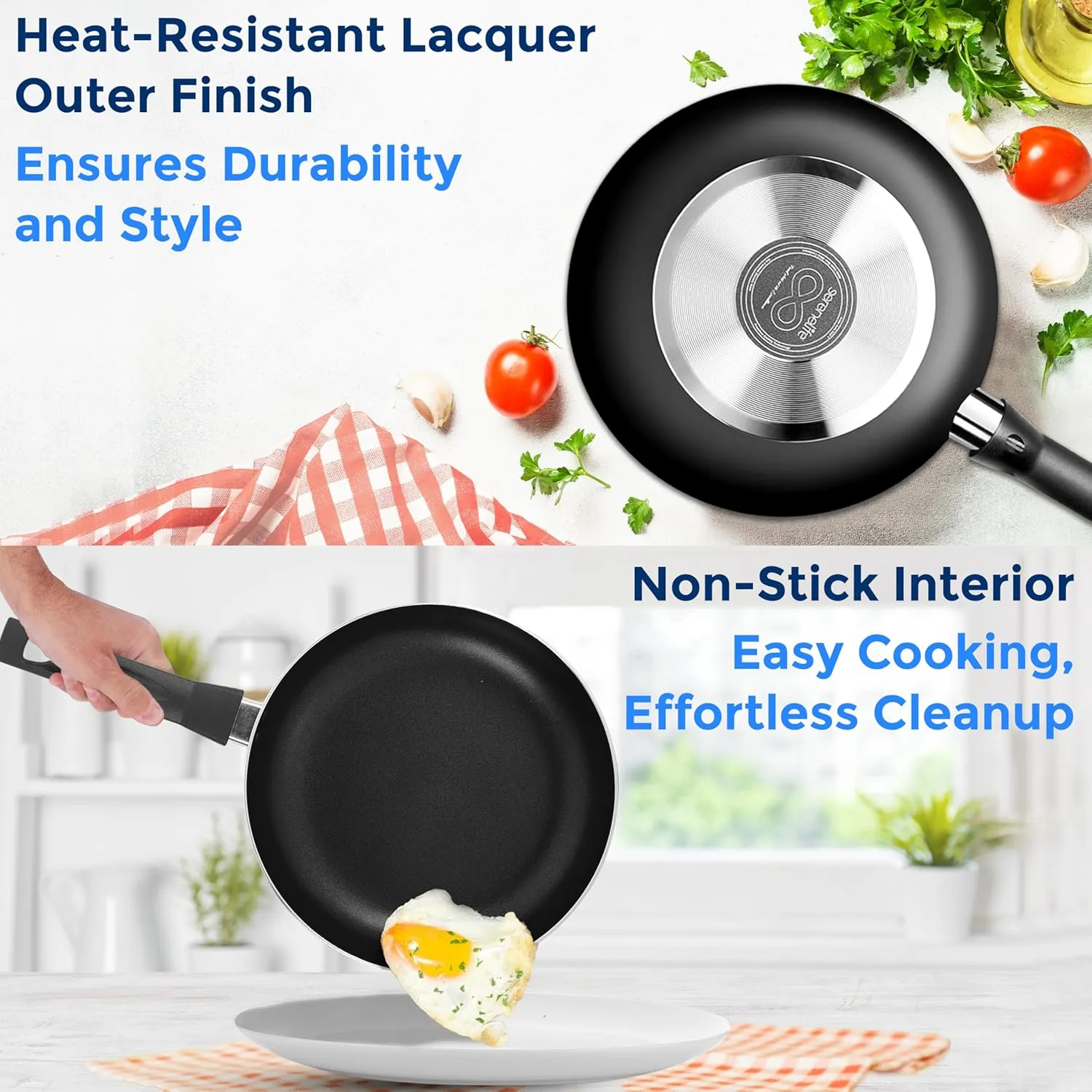 SereneLife Kitchenware Pots & Pans Basic Kitchen Cookware, Black Non-Stick Coating Inside, Heat Resistant Lacquer (20-Piece Set), One Size
