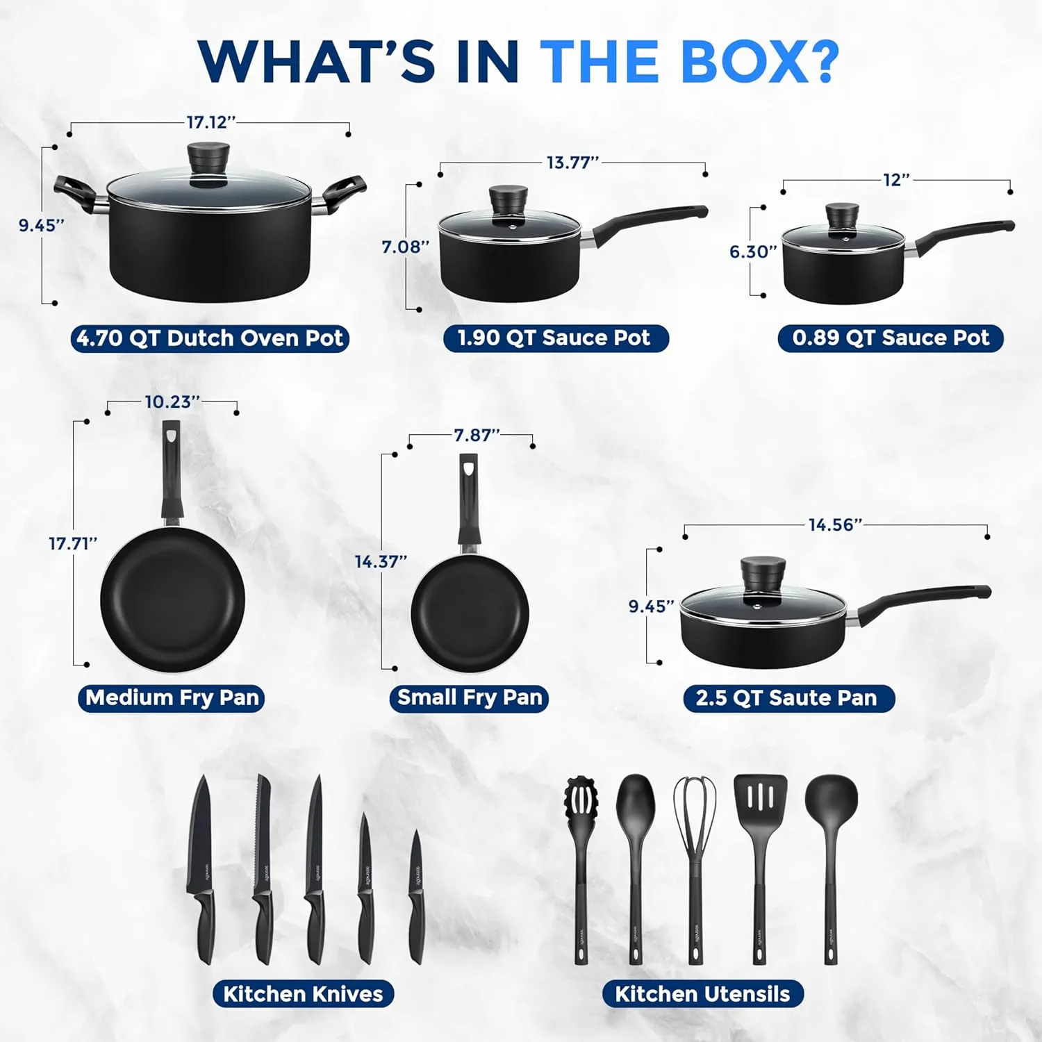 SereneLife Kitchenware Pots & Pans Basic Kitchen Cookware, Black Non-Stick Coating Inside, Heat Resistant Lacquer (20-Piece Set), One Size