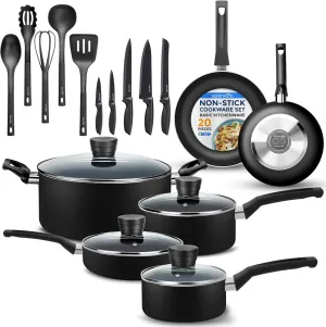 SereneLife Kitchenware Pots & Pans Basic Kitchen Cookware, Black Non-Stick Coating Inside, Heat Resistant Lacquer (20-Piece Set), One Size