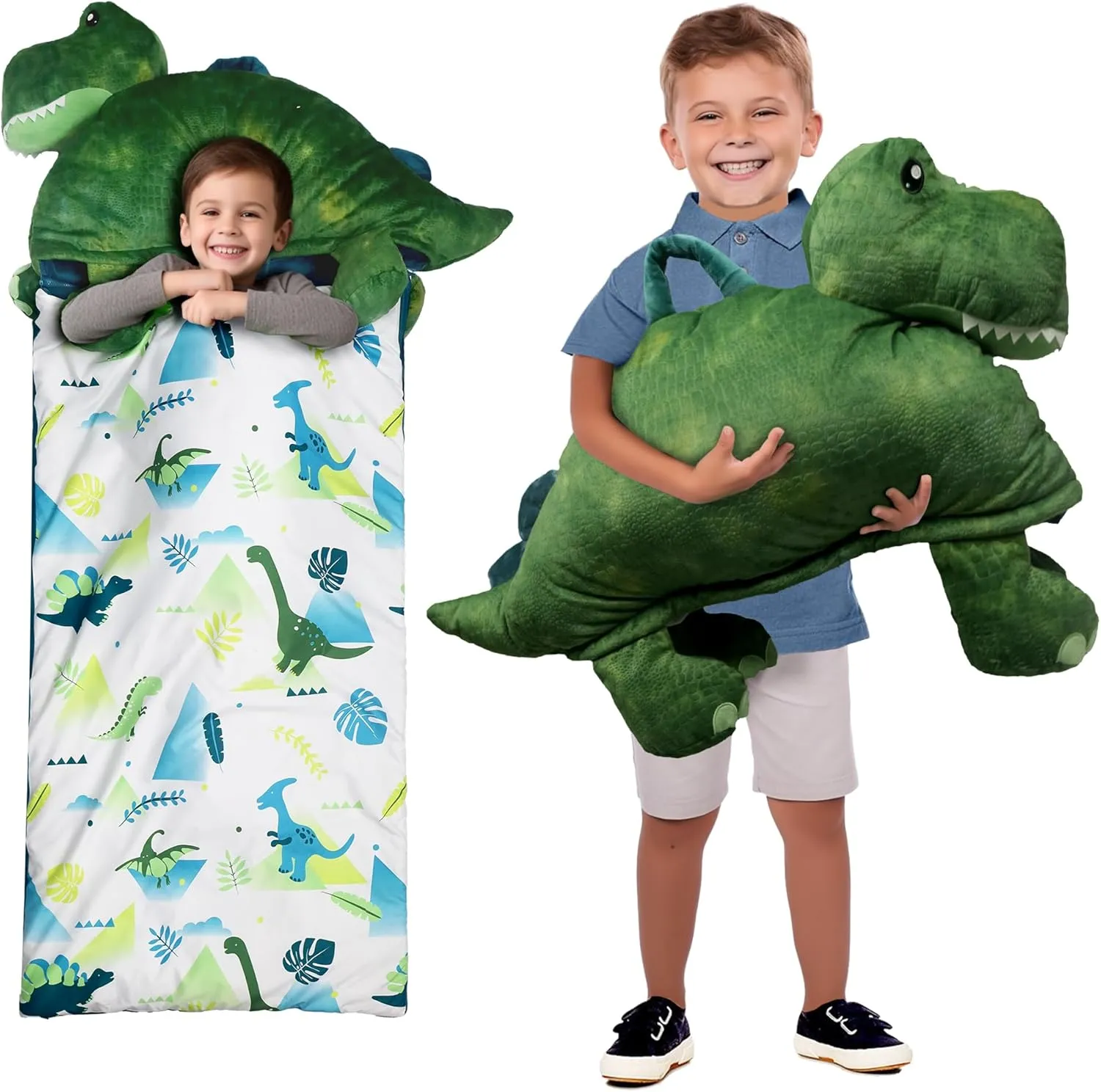 SHALALA NEW YORK Toddler Nap Mat with Pillow for Boys and Girls, Animal Plush Sleeping Bag Nap Mat, Soft Slumber Bag with Pillow & Blanket - 64" x 26"