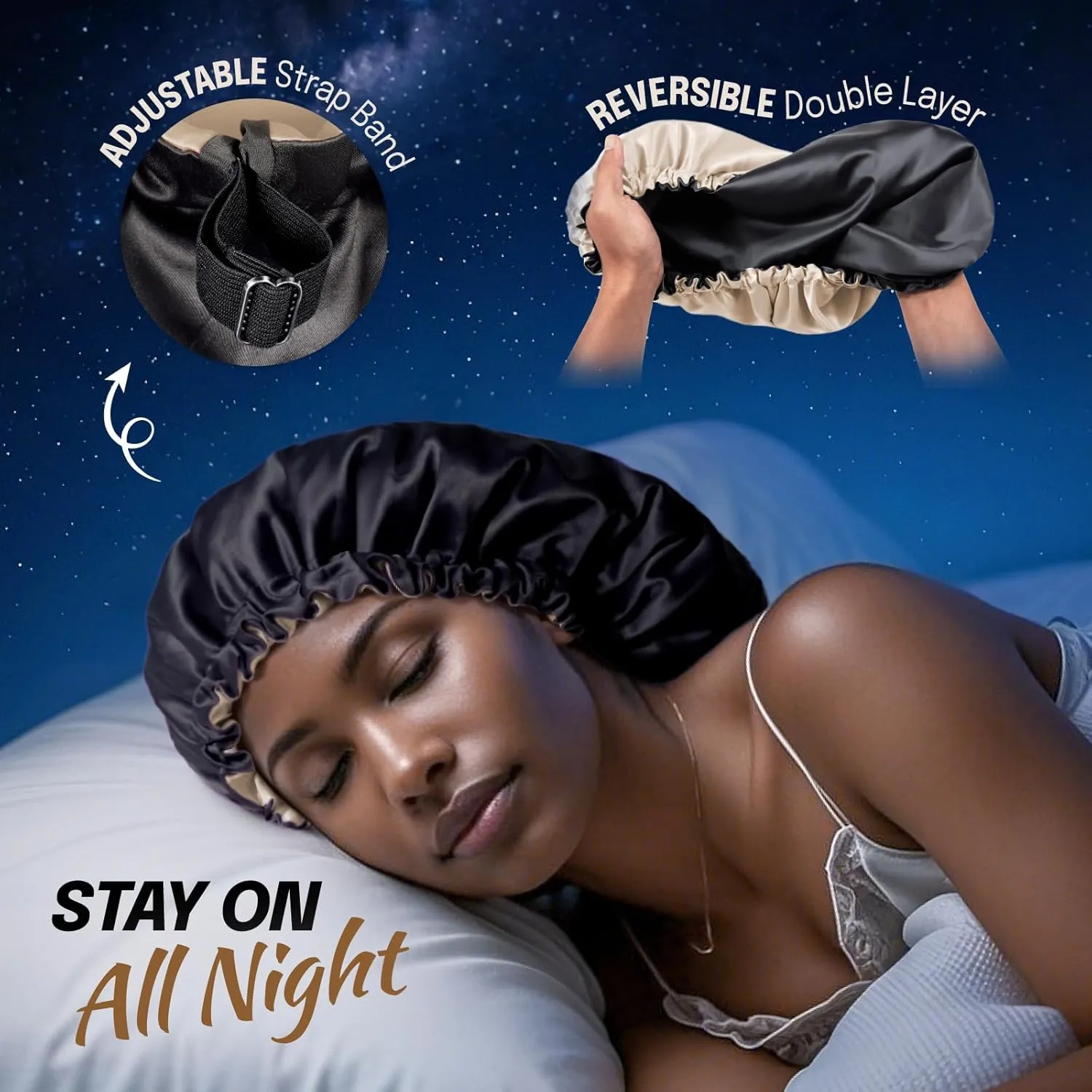 Silk Satin Bonnet for Sleeping Women - Hair Bonnet for Curly Frizzy Hair Care, Adjustable Sleep Cap, Double Layer Head Hair Wrap, Black