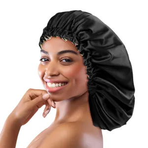 Silk Satin Bonnet for Sleeping Women - Hair Bonnet for Curly Frizzy Hair Care, Adjustable Sleep Cap, Double Layer Head Hair Wrap, Black