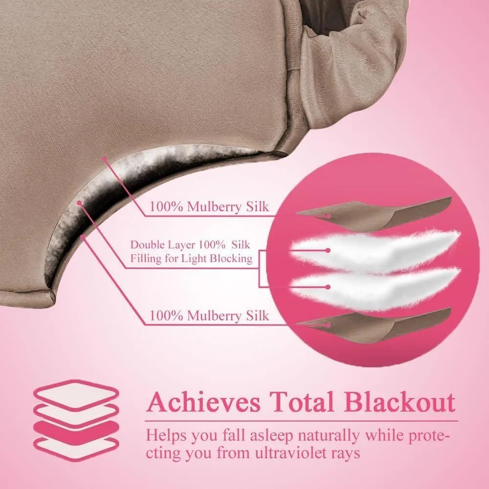 Silk Sleep Mask Eye Mask Blindfold with Double Layer Silk Filling and Elastic Strap for Full Night's Sleep, Travel and Nap, Soft Eye Cover Eyeshade with Luxury Bag and Ear Plugs by OLESILK (Camel)