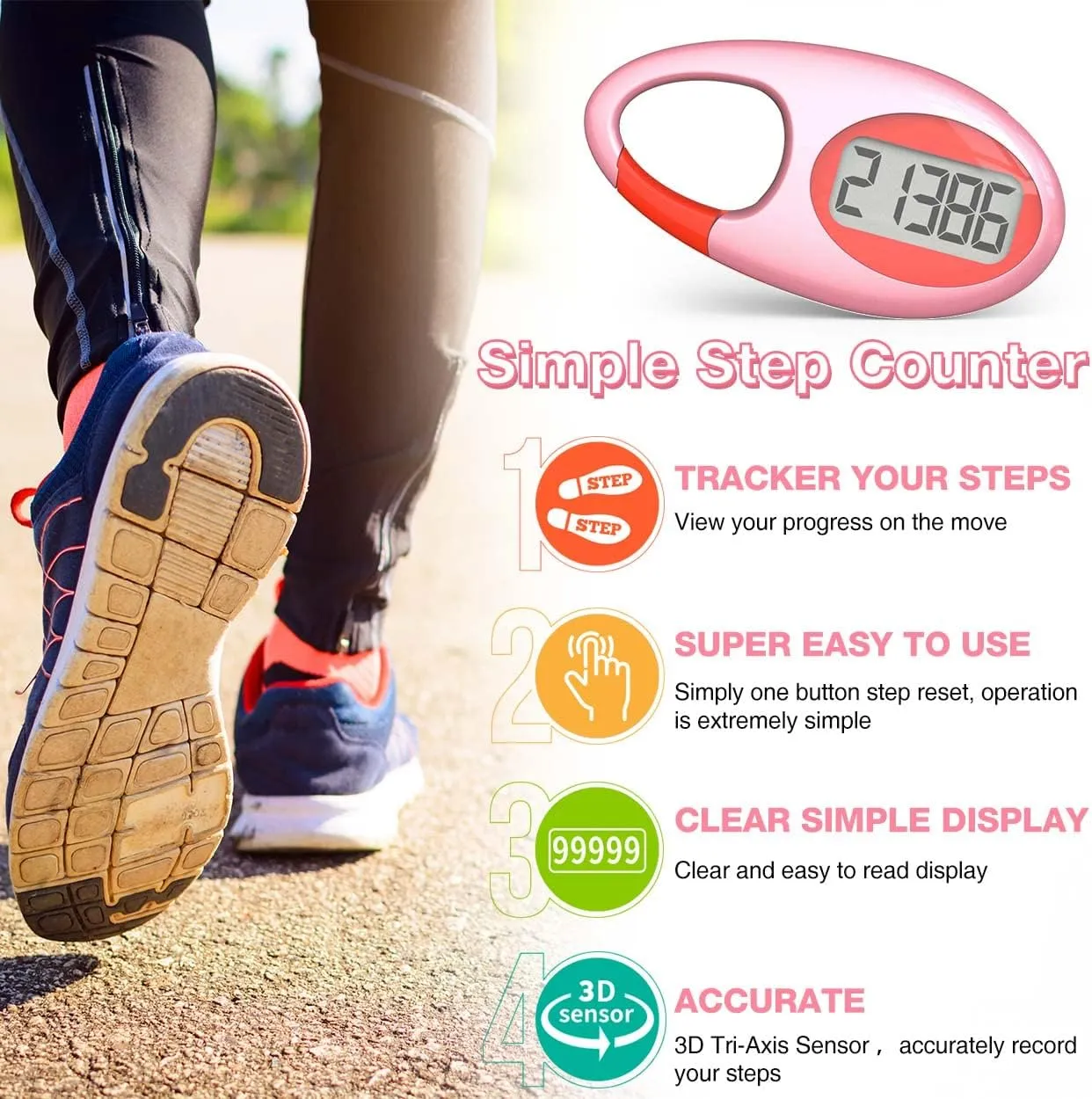 Simple 3D Step Counter, Walking Pedometer, Steps Tracker with Neck Lanyard/Carabiner for Men Women Teens Adults Seniors
