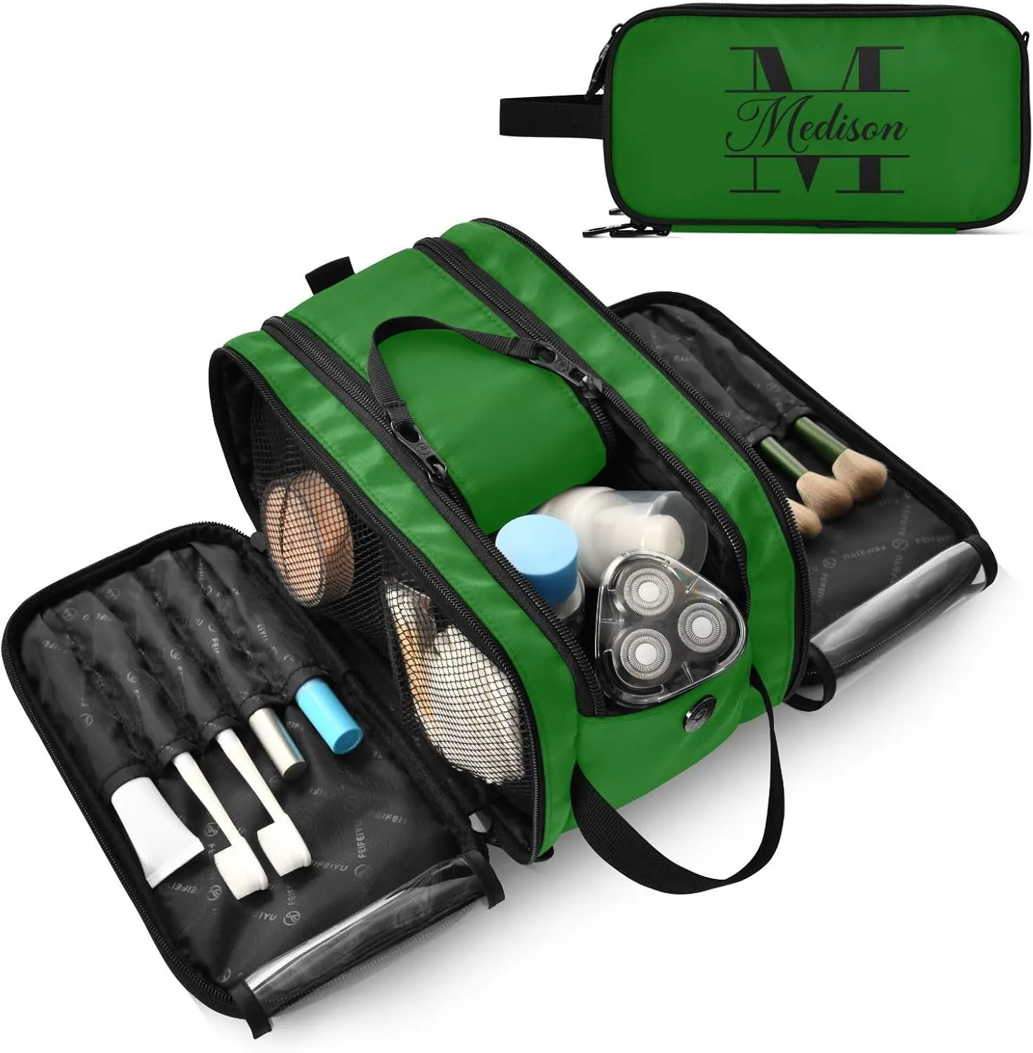 Sinestour Dark Green Custom Makeup Bag, Large Capacity Personalized Toiletry Bag Cosmetic Bag for Travel Shower Bathroom Bag for Adults Long Travel
