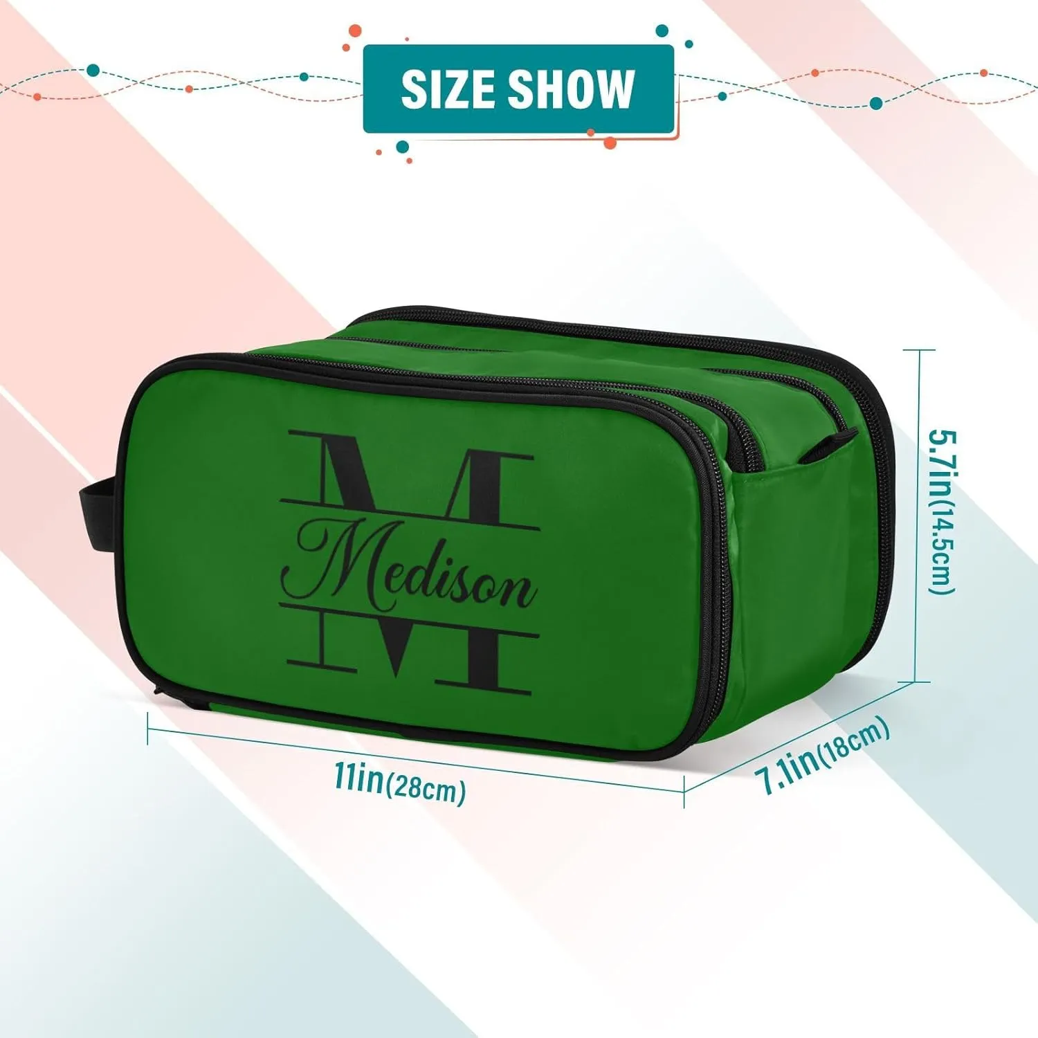Sinestour Dark Green Custom Makeup Bag, Large Capacity Personalized Toiletry Bag Cosmetic Bag for Travel Shower Bathroom Bag for Adults Long Travel