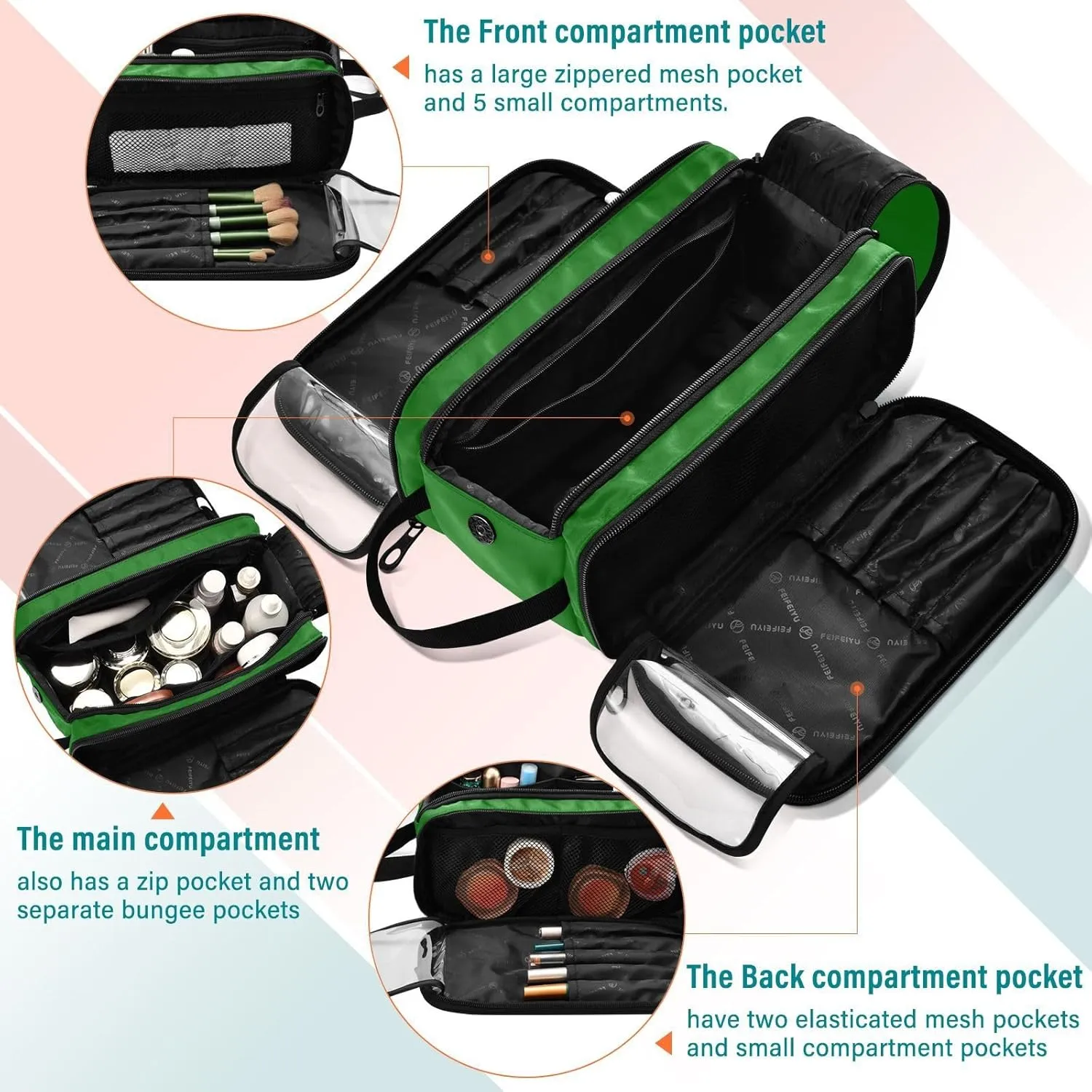 Sinestour Dark Green Custom Makeup Bag, Large Capacity Personalized Toiletry Bag Cosmetic Bag for Travel Shower Bathroom Bag for Adults Long Travel