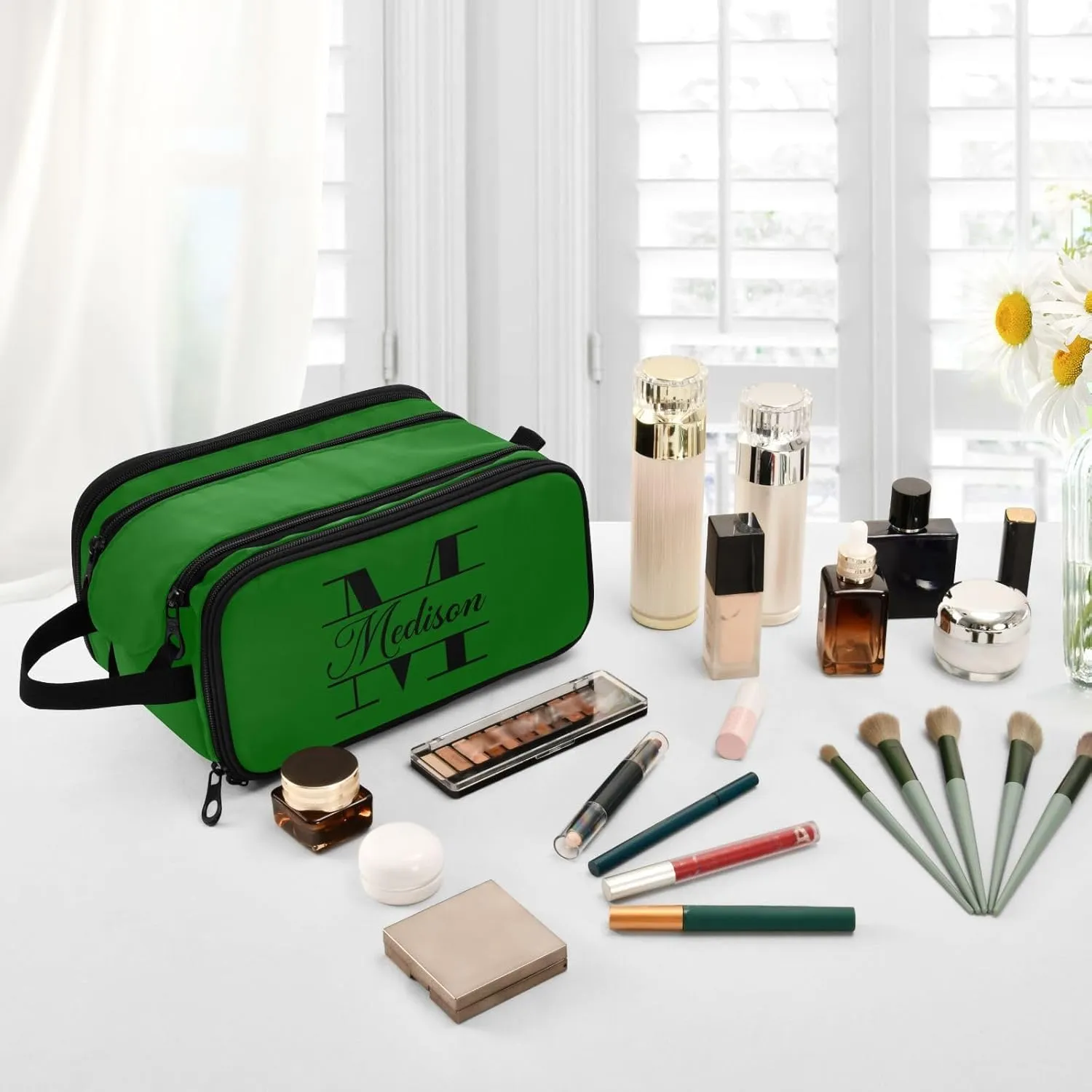 Sinestour Dark Green Custom Makeup Bag, Large Capacity Personalized Toiletry Bag Cosmetic Bag for Travel Shower Bathroom Bag for Adults Long Travel