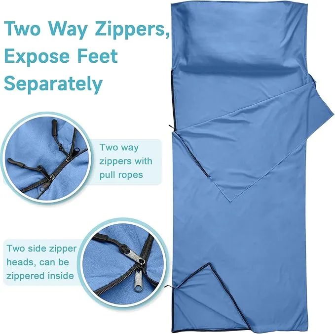 Sleeping Bag Liner, Sleep Sack Travel Sheets, Two-Way-Zipper Expose Feet Separately, Portable Single Camping Sheet for Hotel,Hostels,Business Trips