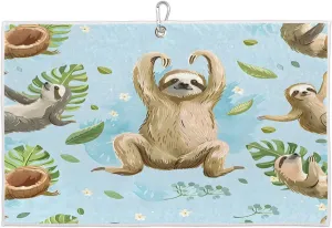 Sloth Coconut Leaves Golf Towel with Heavy Duty Carabiner Clip Quick Dry Ultra Absorbent Club Ball Cleaning Towel Golf Accessories for Men Women
