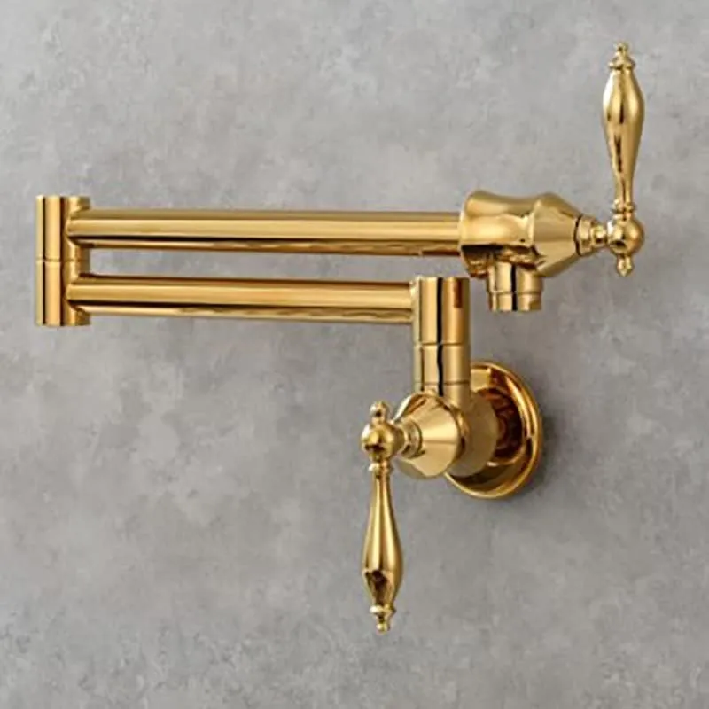 Solid Brass Antique Wall Mounted Folding Faucet Double Switch Foldable Kitchen Sink Pot Filler Faucet Titanium Gold (Dual Function Nozzle)