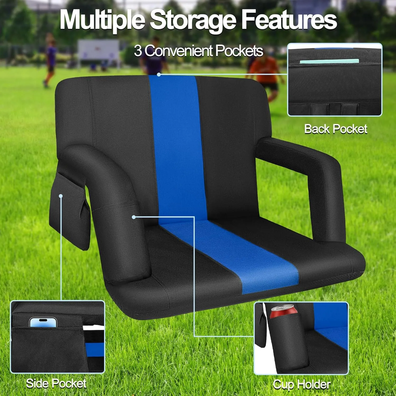 Stadium Seat for Bleachers, Wide Stadium Seat with Back Support and Cushion, 6 Reclining Positions Stadium Seat for Bleachers, 600D Thick Padding Portable Stadium Chair for Sport Events-25''