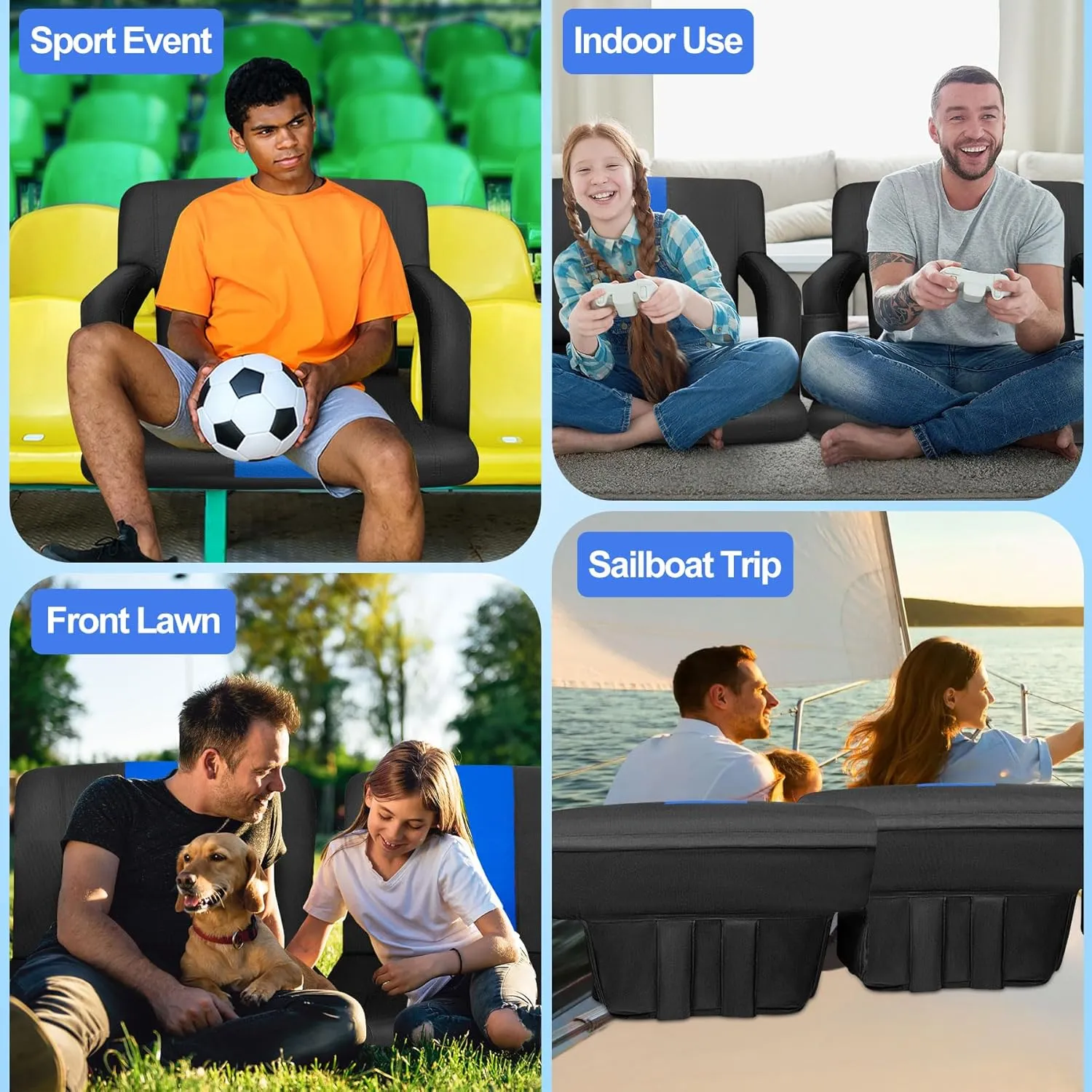 Stadium Seat for Bleachers, Wide Stadium Seat with Back Support and Cushion, 6 Reclining Positions Stadium Seat for Bleachers, 600D Thick Padding Portable Stadium Chair for Sport Events-25''