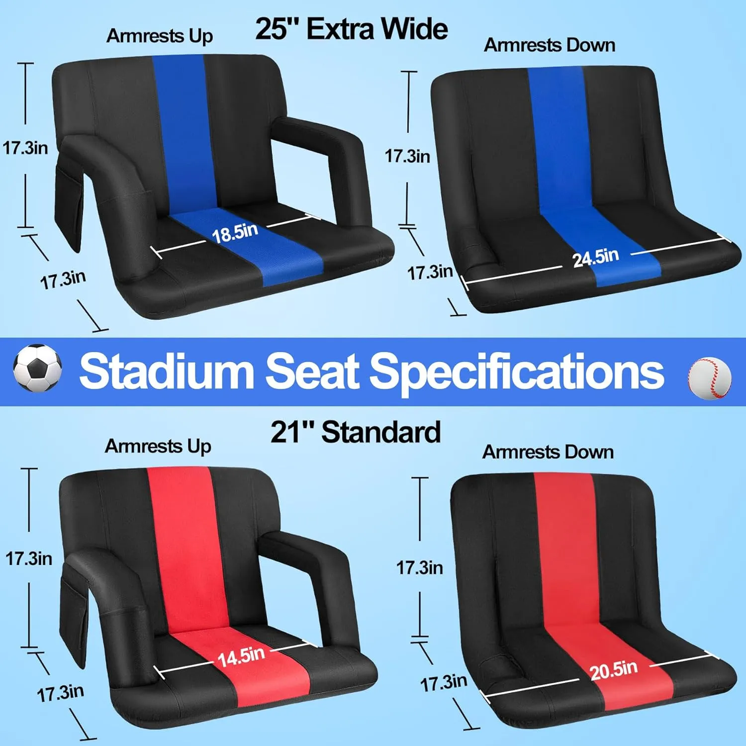 Stadium Seat for Bleachers, Wide Stadium Seat with Back Support and Cushion, 6 Reclining Positions Stadium Seat for Bleachers, 600D Thick Padding Portable Stadium Chair for Sport Events-25''