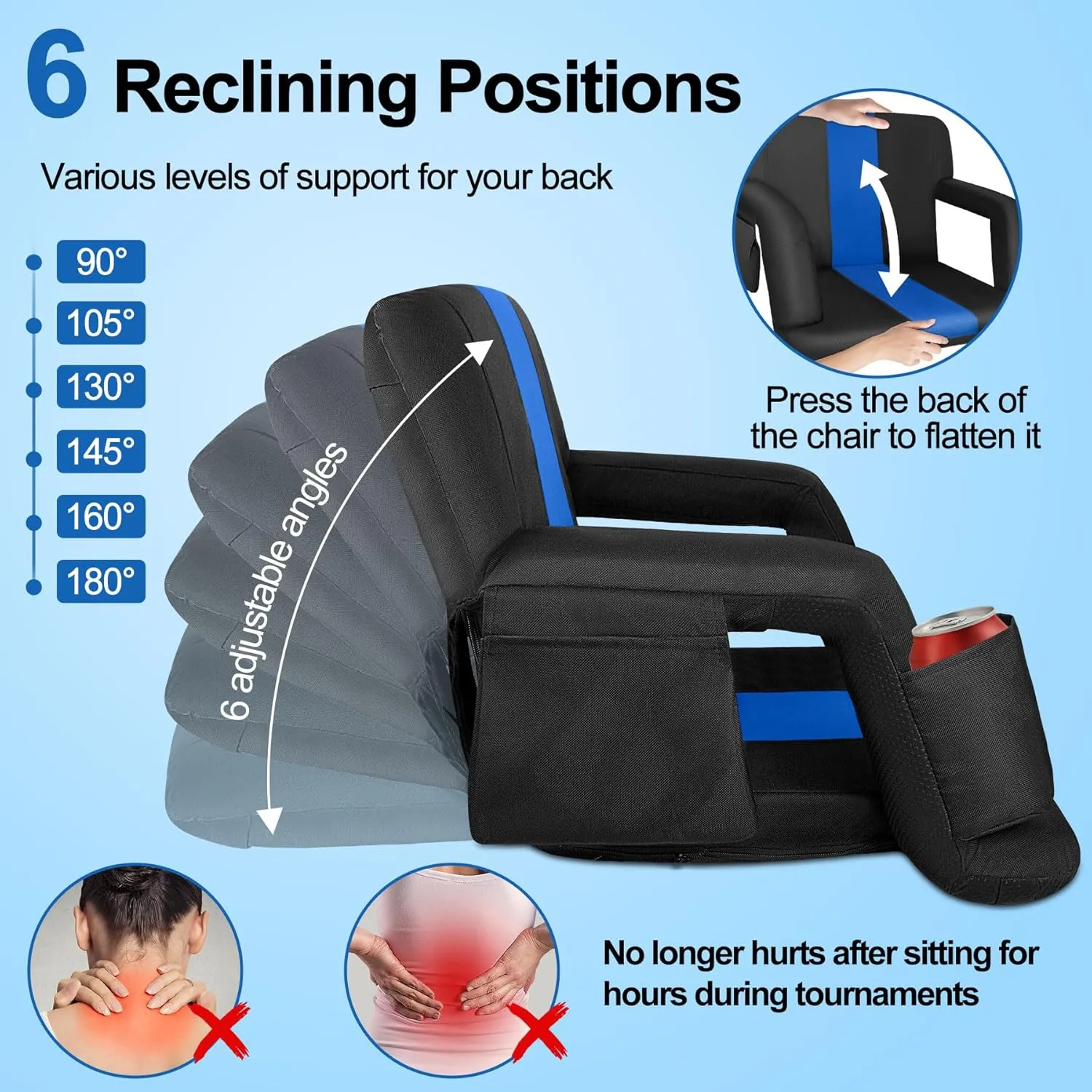 Stadium Seat for Bleachers, Wide Stadium Seat with Back Support and Cushion, 6 Reclining Positions Stadium Seat for Bleachers, 600D Thick Padding Portable Stadium Chair for Sport Events-25''