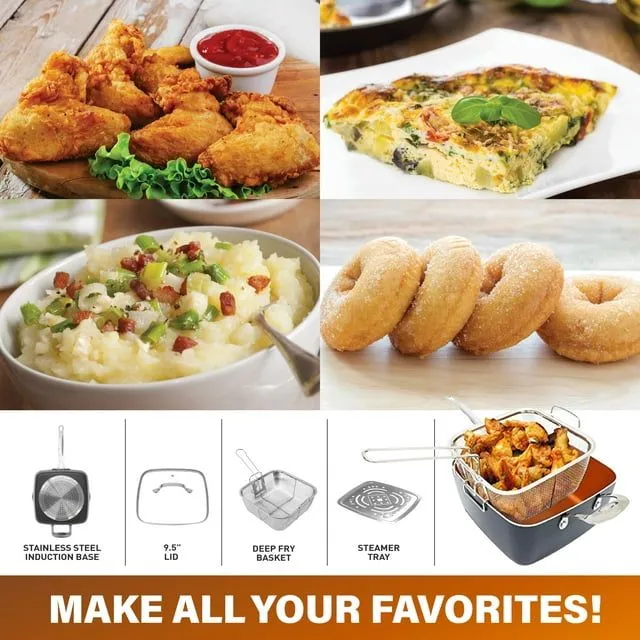 Steamer Pot- Basket Tray, Dishwasher XL Pan Qt Piece Copper Nonstick Surprise sale in 6 Frying Functional Stock Includes 6 and Safe Quart Square Set, 4 Deep & Casserole Chef's One All