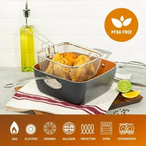 Steamer Pot- Basket Tray, Dishwasher XL Pan Qt Piece Copper Nonstick Surprise sale in 6 Frying Functional Stock Includes 6 and Safe Quart Square Set, 4 Deep & Casserole Chef's One All