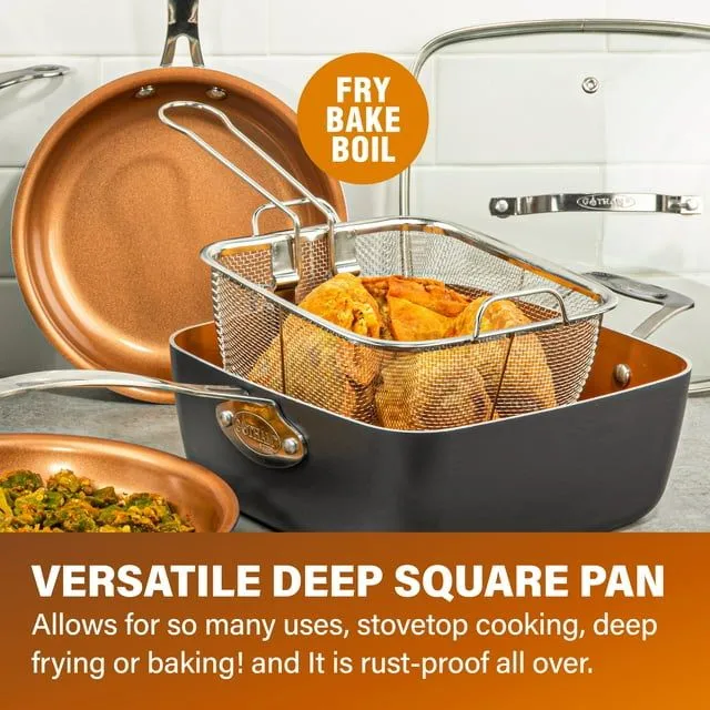 Steamer Pot- Basket Tray, Dishwasher XL Pan Qt Piece Copper Nonstick Surprise sale in 6 Frying Functional Stock Includes 6 and Safe Quart Square Set, 4 Deep & Casserole Chef's One All