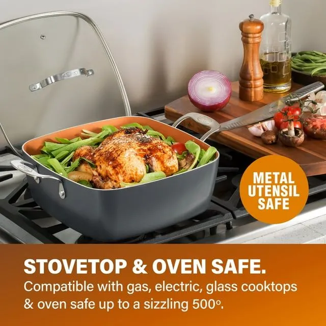 Steamer Pot- Basket Tray, Dishwasher XL Pan Qt Piece Copper Nonstick Surprise sale in 6 Frying Functional Stock Includes 6 and Safe Quart Square Set, 4 Deep & Casserole Chef's One All
