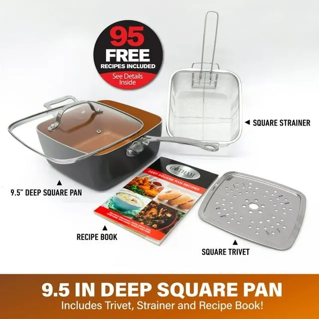 Steamer Pot- Basket Tray, Dishwasher XL Pan Qt Piece Copper Nonstick Surprise sale in 6 Frying Functional Stock Includes 6 and Safe Quart Square Set, 4 Deep & Casserole Chef's One All