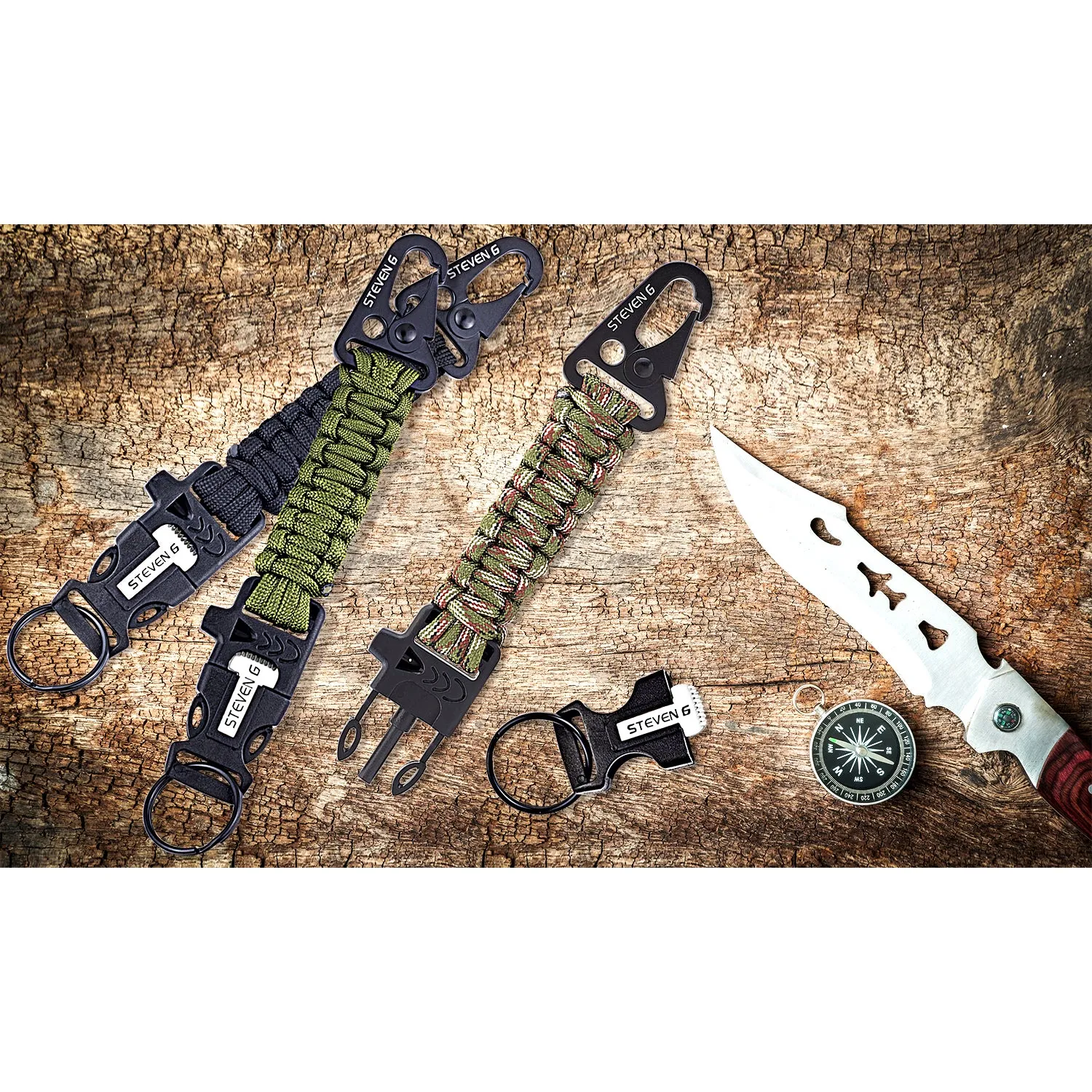 Steven G Paracord Carabiner Survival Keychain with Firestarter and Whistle - (pack of 2) PCKC062AGAG