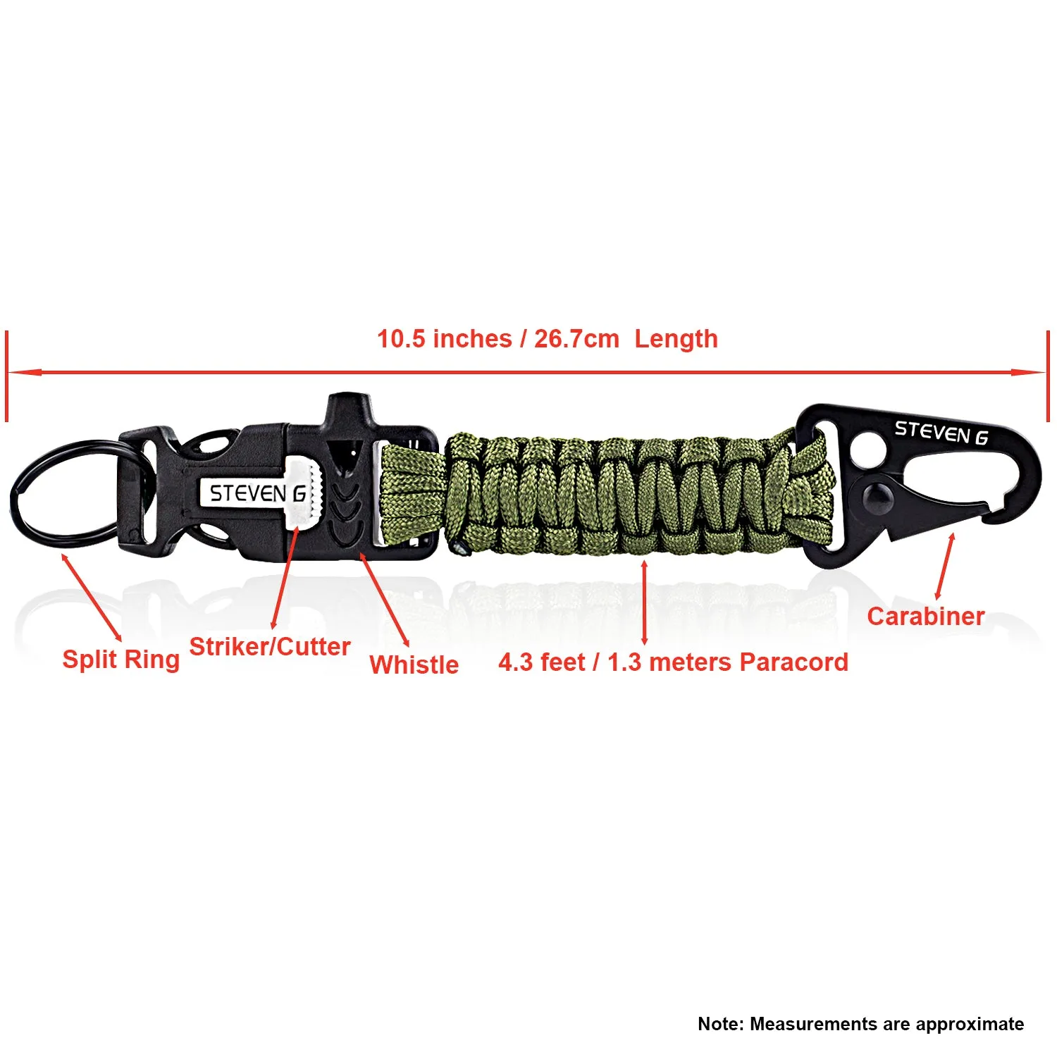 Steven G Paracord Carabiner Survival Keychain with Firestarter and Whistle - (pack of 2) PCKC062AGAG