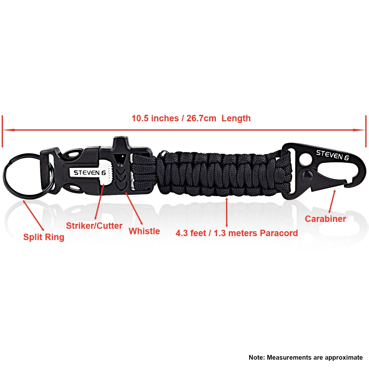Steven G Paracord Carabiner Survival Keychain with Firestarter and Whistle - (pack of 2) PCKC062BKAG