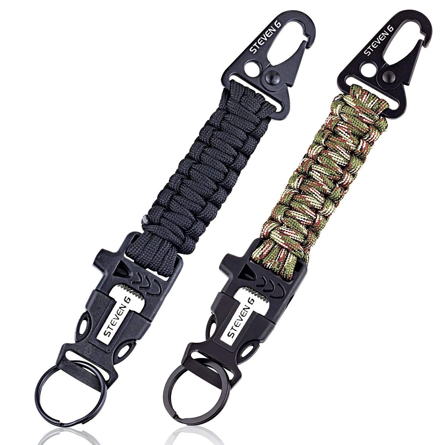 Steven G Paracord Carabiner Survival Keychain with Firestarter and Whistle - (pack of 2) PCKC062BKCA