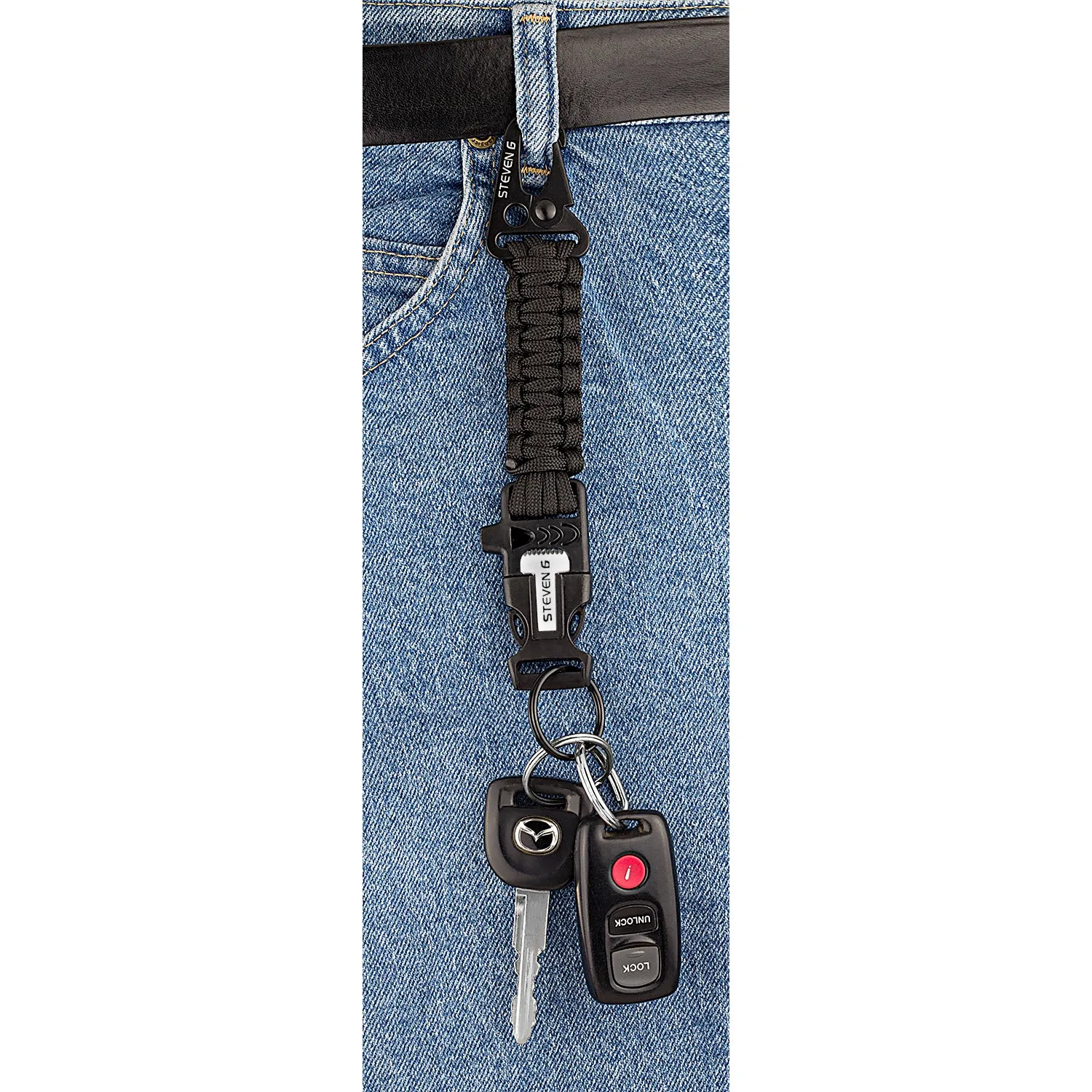 Steven G Paracord Carabiner Survival Keychain with Firestarter and Whistle - (pack of 2) PCKC062BKCA