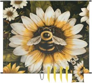 Sunflower Beach Blanket for Adults, 59" x 68" Waterproof Outdoor Picnic Blanket Mat Sand Proof Extra Large Farmhouse Yellow Floral Bee Picnic Mat for Beach Travel Camping