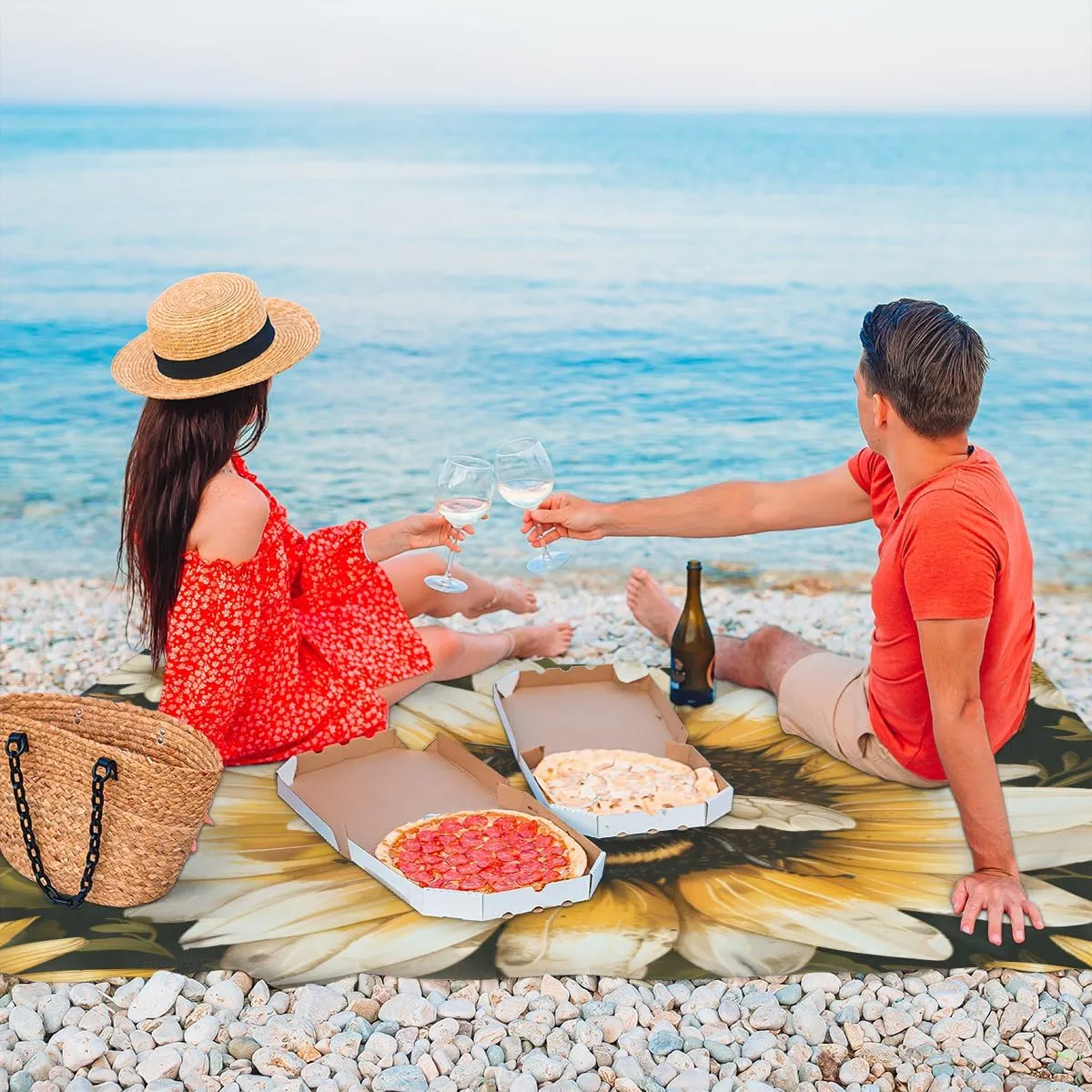 Sunflower Beach Blanket for Adults, 59" x 68" Waterproof Outdoor Picnic Blanket Mat Sand Proof Extra Large Farmhouse Yellow Floral Bee Picnic Mat for Beach Travel Camping