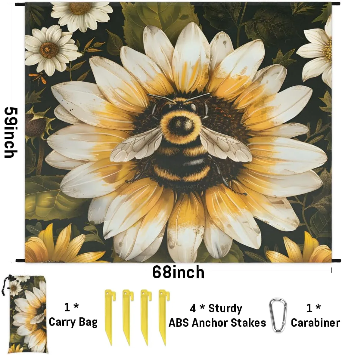 Sunflower Beach Blanket for Adults, 59" x 68" Waterproof Outdoor Picnic Blanket Mat Sand Proof Extra Large Farmhouse Yellow Floral Bee Picnic Mat for Beach Travel Camping