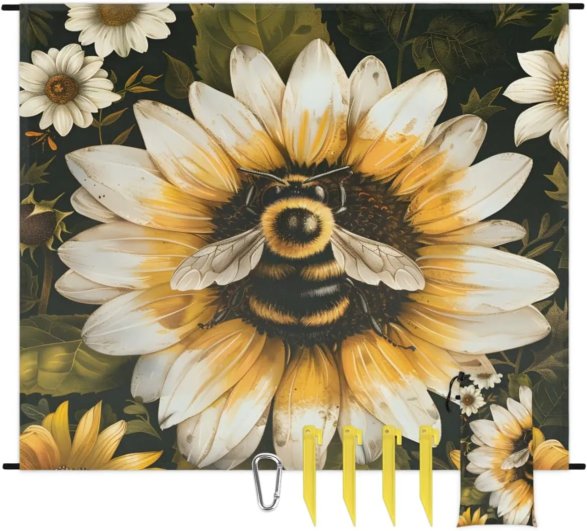 Sunflower Beach Blanket for Adults, 59" x 68" Waterproof Outdoor Picnic Blanket Mat Sand Proof Extra Large Farmhouse Yellow Floral Bee Picnic Mat for Beach Travel Camping
