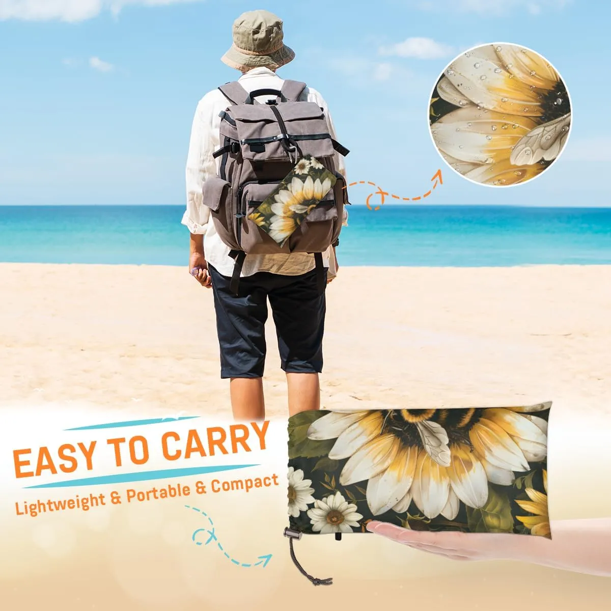 Sunflower Beach Blanket for Adults, 59" x 68" Waterproof Outdoor Picnic Blanket Mat Sand Proof Extra Large Farmhouse Yellow Floral Bee Picnic Mat for Beach Travel Camping
