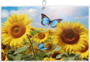 Sunflower Butterfly Sunshine Golf Towel with Heavy Duty Carabiner Clip Quick Dry Ultra Absorbent Club Ball Cleaning Towel Golf Accessories for Men Women