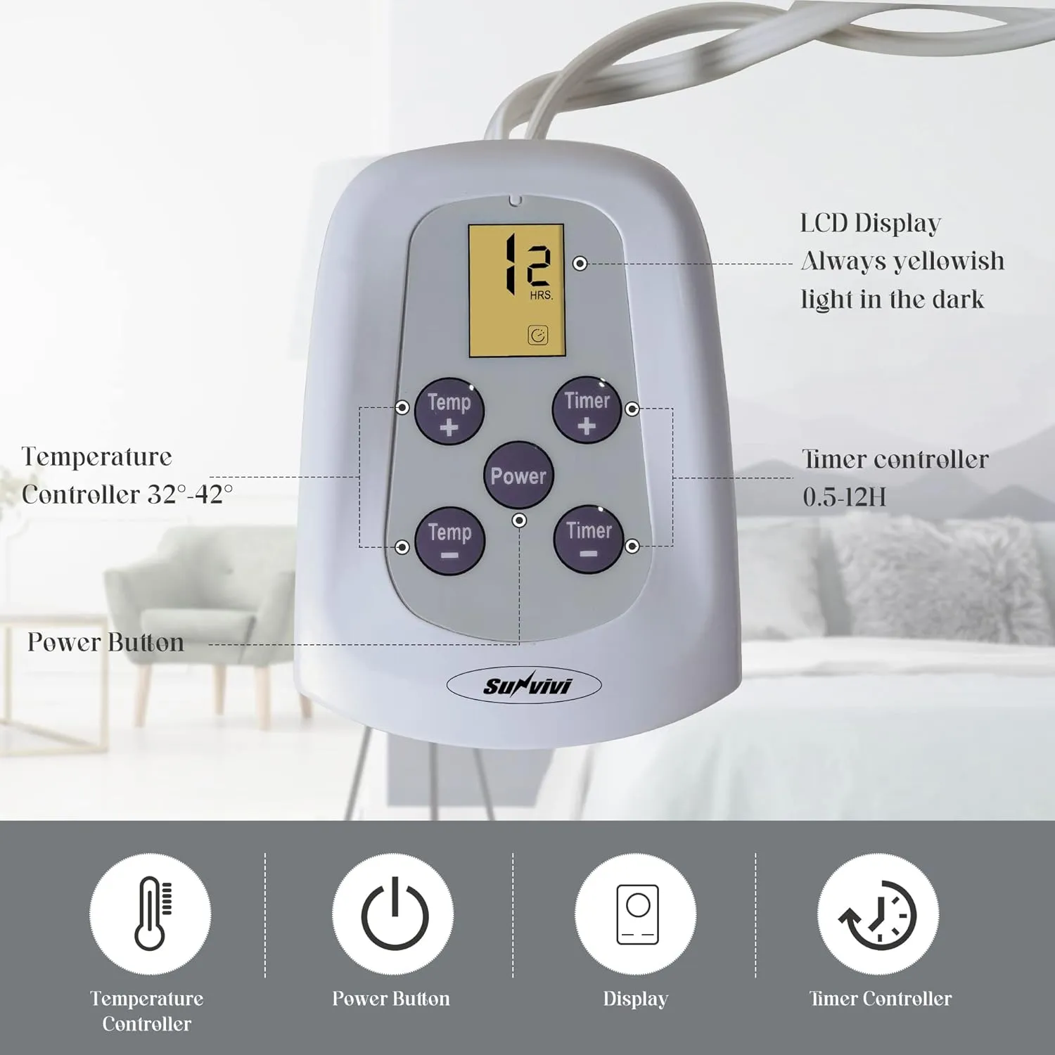 Sunvivi Electric Blanket Queen Size, Heated Blanket Dual Control Soft Flannel, 10 Heat Settings, 12 Hours Auto Off, Machine Washable, 5 Years Warranty, Overheat Protection, ETL Certified, Beige
