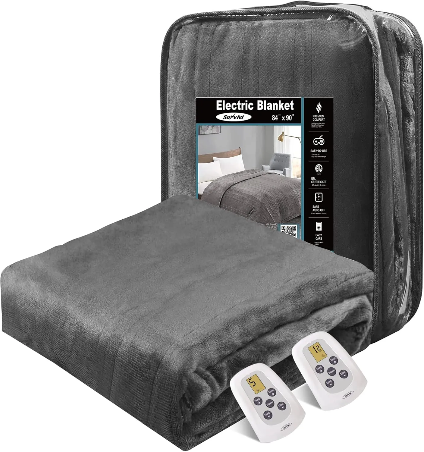 Sunvivi Electric Blanket Queen Size, Heated Blanket Dual Control Soft Flannel, 10 Heat Settings, 12 Hours Auto Off, Machine Washable, 5 Years Warranty, Overheat Protection, ETL Certified, Beige