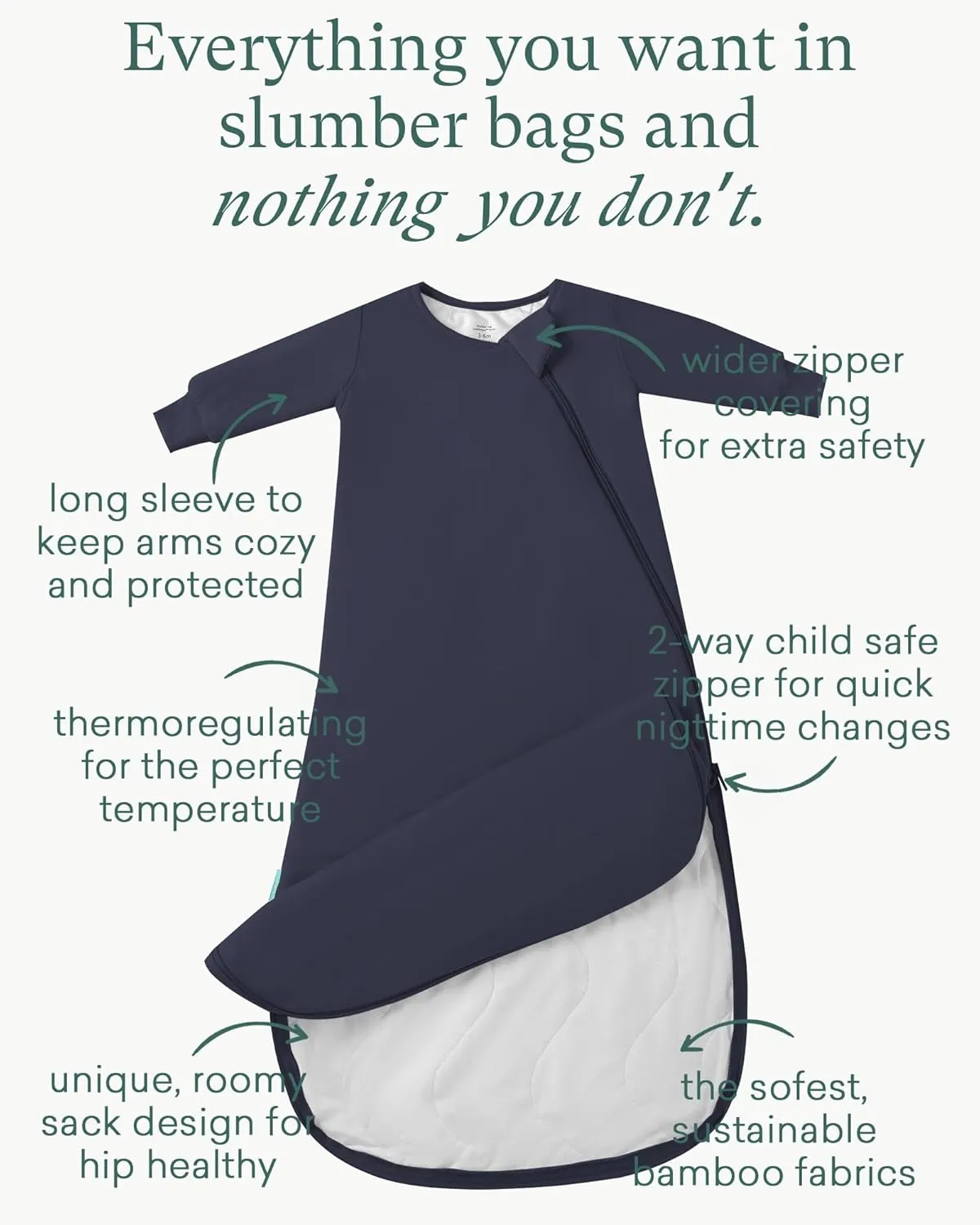 Supersoft Long Sleeve Sleep Sack 1.0 TOG, Bamboo Viscose Baby Sleeping Bag 2-Way Zipper Sleep Sack with Sleeves