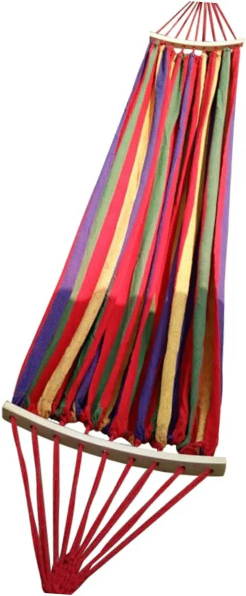 SUPVOX Outdoor Double Hammock with Wooden Stick Rollover Design for Camping Dormitory and Backyard Relaxation Rainbow Canvas Red Stripes