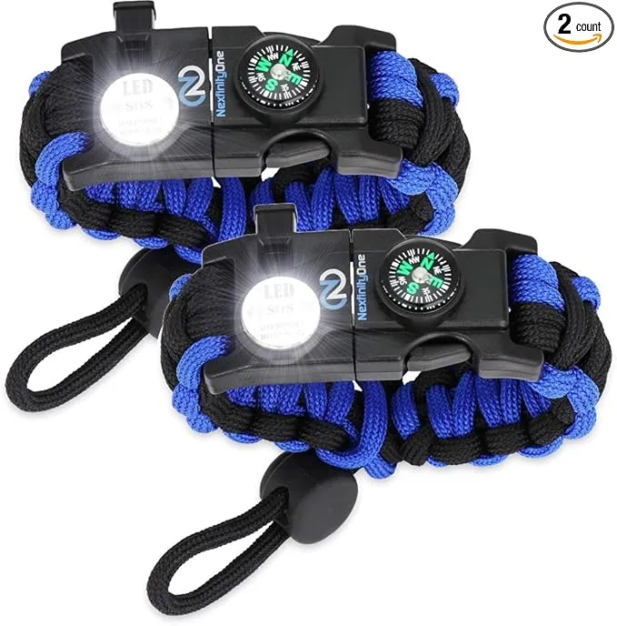 Survival Paracord Bracelet - Tactical Emergency Gear Kit with SOS LED Light, 550 Grade, Adjustable, Multitools, Fire Starter, Compass, and Whistle - Set of 2