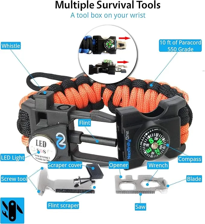 Survival Paracord Bracelet - Tactical Emergency Gear Kit with SOS LED Light, 550 Grade, Adjustable, Multitools, Fire Starter, Compass, and Whistle - Set of 2