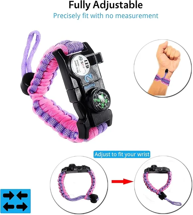 Survival Paracord Bracelet - Tactical Emergency Gear Kit with SOS LED Light, 550 Grade, Adjustable, Multitools, Fire Starter, Compass, and Whistle - Set of 2