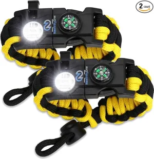 Survival Paracord Bracelet - Tactical Emergency Gear Kit with SOS LED Light, 550 Grade, Adjustable, Multitools, Fire Starter, Compass, and Whistle - Set of 2